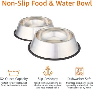 Basics Stainless Steel Non-Skid Pet Dog Water And Food Bowl, 2-Pack (11 x 3 Inches), Each Holds Up to 3.5 Cups